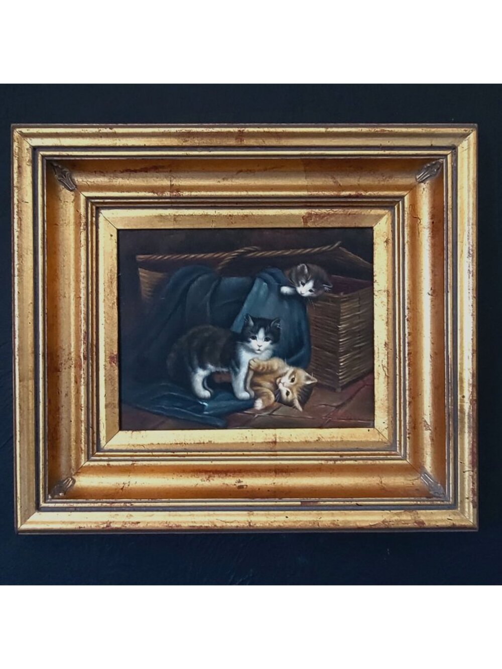 Oil Painting on Board of Three Kittens Signed P. Saied With Gold Frame